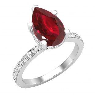 10X7 Pear Shaped Lab Created Ruby & Round White Diamond Engagemnet Halo Ring for Women in 10K White Gold