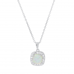 7 mm Cushion Lab Created Opal & Round White Sapphire Ladies Halo Pendant | 925 Sterling Silver