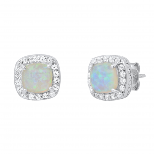 6 mm Cushion Lab Created Opal & Round White Sapphire Halo Stud Earring for Her | 925 Sterling Silver