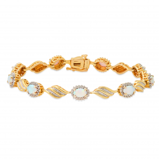 6X4 mm Oval Lab Created Opal Ladies Bracelet with Natural Diamond Accent Yellow Gold Plated Silver