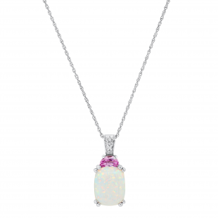 7.5X10mm Created Opal & Pink Sapphire Ladies Pendant with Natural Diamond Accent, 10K White Gold