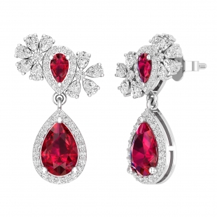 Pear Lab Created Ruby, Pear & Round White Diamond Teardrop Dangling Earrings for Women in 10K White Gold in Push Back