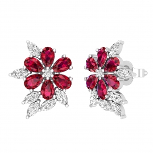Pear Lab Created Ruby, Marquise & Round White Diamond Floral Stud Earrings for Women in 10K Solid White Gold in Push Back