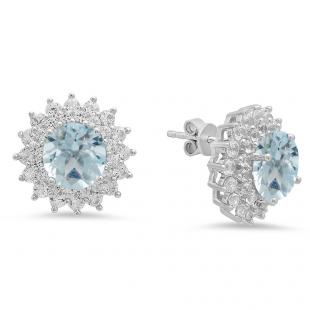 Sterling Silver Round Cut Aquamarine & White Sapphire Ladies Halo Style Fashion Stud Earrings