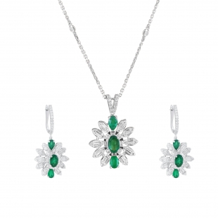 5x3mm Oval, Pear,Baguette & Round White Diamond Flower Cocktail Pendant Necklace and Dangle Earrings Set for Women in 18K White Gold