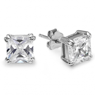 2.00 CT Sterling Silver White Stud Earrings Square Asscher cut CZ 6.5 MM Cubic Zirconia Double Prong Basket Setting Pushback Post