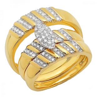 0.35 Carat (ctw) 18K Yellow Gold Plated Sterling Silver Round White Diamond Men & Womens Micro Pave Engagement Ring Trio Bridal Set 1/3 CT