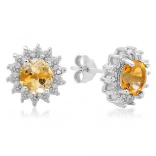 1.57 Carat (ctw) Sterling Silver Round Cut Genuine Yellow Citrine & White Diamond Ladies Stud Earrings