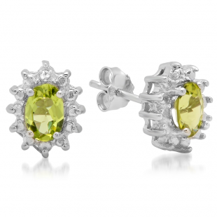 0.96 Carat (ctw) Sterling Silver Oval & Round Cut Genuine Green Peridot & White Diamond Ladies Stud Earrings 1 CT