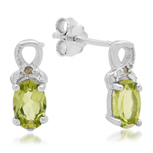 0.95 Carat (ctw) Sterling Silver Oval & Round Cut Genuine Green Peridot & White Diamond Ladies Stud Earrings 1 CT