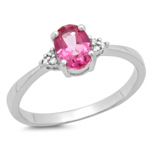 1.13 Carat (ctw) Sterling Silver Oval Cut Pink Topaz & Round White Diamond Ladies Bridal Promise Engagement Ring