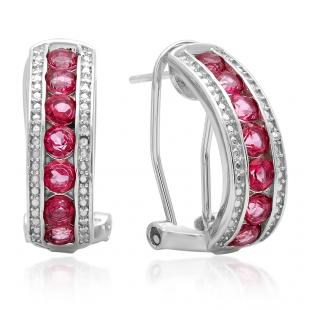 1.56 Carat (ctw) Sterling Silver Round Cut Pink Topaz & White Diamond Ladies Fashion Hoops Earrings