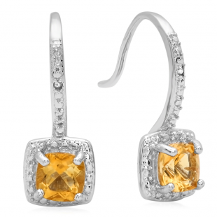 0.48 Carat (ctw) Sterling Silver Cushion Shape Citrine & Round White Diamond Ladies Halo Dangling Drop Earrings