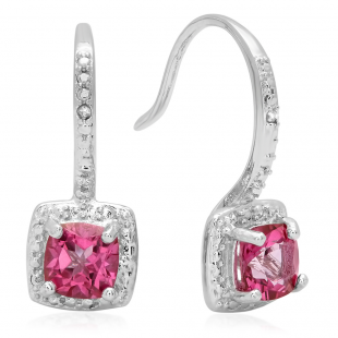 0.58 Carat (ctw) Sterling Silver Cushion Shape Pink Topaz & Round White Diamond Ladies Halo Dangling Drop Earrings