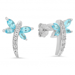 1.70 Carat (ctw) Sterling Silver Marquise & Round Cut Blue & White Topaz Ladies Dragonfly Stud Earrings