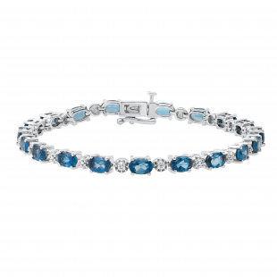 6X4mm Oval London Blue Topaz and Round Accent White Diamond Link Chain Bracelet for Women in 925 Sterling Silver Bracelet Length- 7 Inch