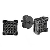 0.10 Carat (ctw) Black Rhodium Plated Sterling Silver Round Black Diamond V-Prong Square Shape Mens Hip Hop Iced Stud Earrings