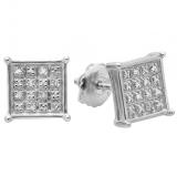 0.10 Carat (ctw) Platinum Plated Sterling Silver Real Diamond Square Shape Mens Hip Hop Iced Stud Earrings 1/10 CT