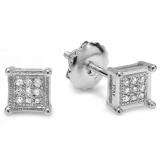 0.10 Carat (ctw) Platinum Plated Sterling Silver Round Diamond Square Shape Mens Hip Hop Iced Stud Earrings