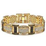 18k Yellow Gold Plated Micro Pave Two Tone CZ Cubic Zirconia Iced Blackout Mens Link Bracelet 0.78 inch wide 9 inch long