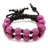 Beaded Crystal Bracelet Pave Mens Ladies Unisex Hip Hop Style Seven Hot Pink Disco Ball 12mm Bead Two Row Unisex Adjustable