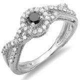 0.50 Carat (ctw) 10k White Gold Round Black And White Diamond Ladies Engagement Halo Style Swirl Split Shank Bridal Ring 1/2 CT