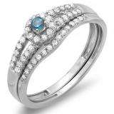 0.40 Carat (ctw) 14k White Gold Round Blue And White Diamond Ladies Split Shank Halo Style Bridal Engagement Ring Matching Band Set