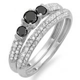 0.85 Carat (ctw) 14k White Gold Round Black And White Diamond 3 Stone Ladies Bridal Engagement Ring Wedding Band Set