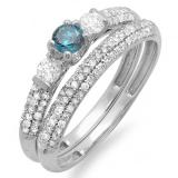 0.85 Carat (ctw) 14k White Gold Round Blue And White Diamond 3 Stone Ladies Bridal Engagement Ring Wedding Band Set