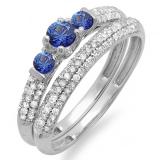 0.85 Carat (ctw) 14k White Gold Round Blue Sapphire And White Diamond 3 Stone Ladies Bridal Engagement Ring Wedding Band Set