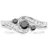 0.50 Carat (ctw) 10k White Gold Round Black And White Diamond Ladies Swirl Bridal Engagement Ring Matching Band Set
