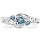 0.50 Carat (ctw) 10k White Gold Round Blue And White Diamond Ladies Swirl Bridal Engagement Ring Matching Band Set