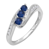 0.50 Carat (ctw) 10k White Gold Round White Diamond And Blue Sapphire Ladies Swirl Engagement 3 Stone Bridal Ring 1/2 CT
