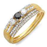 0.40 Carat (ctw) 10k Yellow Gold Round Black And White Diamond Ladies 3 Stone Bridal Ring Engagement Set