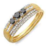 0.40 Carat (ctw) 14k Yellow Gold Round Black And White Diamond Ladies 3 Stone Bridal Ring Engagement Set