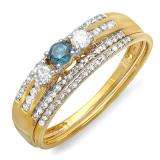 0.40 Carat (ctw) 10k Yellow Gold Round Blue And White Diamond Ladies 3 Stone Bridal Ring Engagement Set