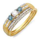0.40 Carat (ctw) 10k Yellow Gold Round Blue And White Diamond Ladies 3 Stone Bridal Ring Engagement Set