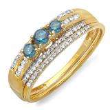 0.40 Carat (ctw) 14k Yellow Gold Round Blue And White Diamond Ladies 3 Stone Bridal Ring Engagement Set