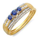 0.40 Carat (ctw) 10k Yellow Gold Round Blue Sapphire And White Diamond Ladies 3 Stone Bridal Ring Engagement Set