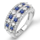 1.15 Carat (ctw) 14k White Gold Round Blue Sapphire And White Diamond Ladies Anniversary Wedding Band Ring
