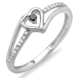 0.10 Carat (ctw) 18k White Gold Round Black And White Diamond Ladies Bridal Promise Heart Split Shank Engagement Ring 1/10 CT