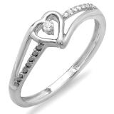 0.10 Carat (ctw) 14k White Gold Round Black And White Diamond Ladies Bridal Promise Heart Split Shank Engagement Ring 1/10 CT