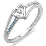 0.10 Carat (ctw) 10k White Gold Round Blue And White Diamond Ladies Bridal Promise Heart Split Shank Engagement Ring 1/10 CT