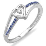 0.10 Carat (ctw) 10k White Gold Round Blue Sapphire And White Diamond Ladies Bridal Promise Heart Split Shank Engagement Ring 1/10 CT