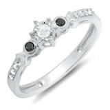 0.20 Carat (ctw) 10k White Gold Round Black And White Diamond 3 Stone Ladies Bridal Engagement Promise Ring 1/5 CT