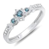0.20 Carat (ctw) 10k White Gold Round Blue And White Diamond 3 Stone Ladies Bridal Engagement Promise Ring 1/5 CT