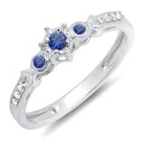 0.20 Carat (ctw) 10k White Gold Round Blue Sapphire And White Diamond 3 Stone Ladies Bridal Engagement Promise Ring 1/5 CT