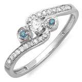 0.25 Carat (ctw) 18k White Gold Round Blue And White Diamond Ladies Bridal Promise Heart 3 Stone Swirl Engagement Ring 1/4 CT