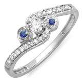 0.25 Carat (ctw) 18k White Gold Round Blue Sapphire And White Diamond Ladies Bridal Promise Heart 3 Stone Swirl Engagement Ring 1/4 CT
