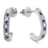 0.20 Carat (ctw) 18K White Gold Round White Diamond And Blue Sapphire Ladies Hoop Earrings